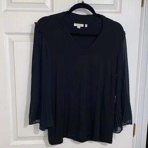 Chico's Black V-Neck Top with Sheer Pleated Long Sleeves Size Medium